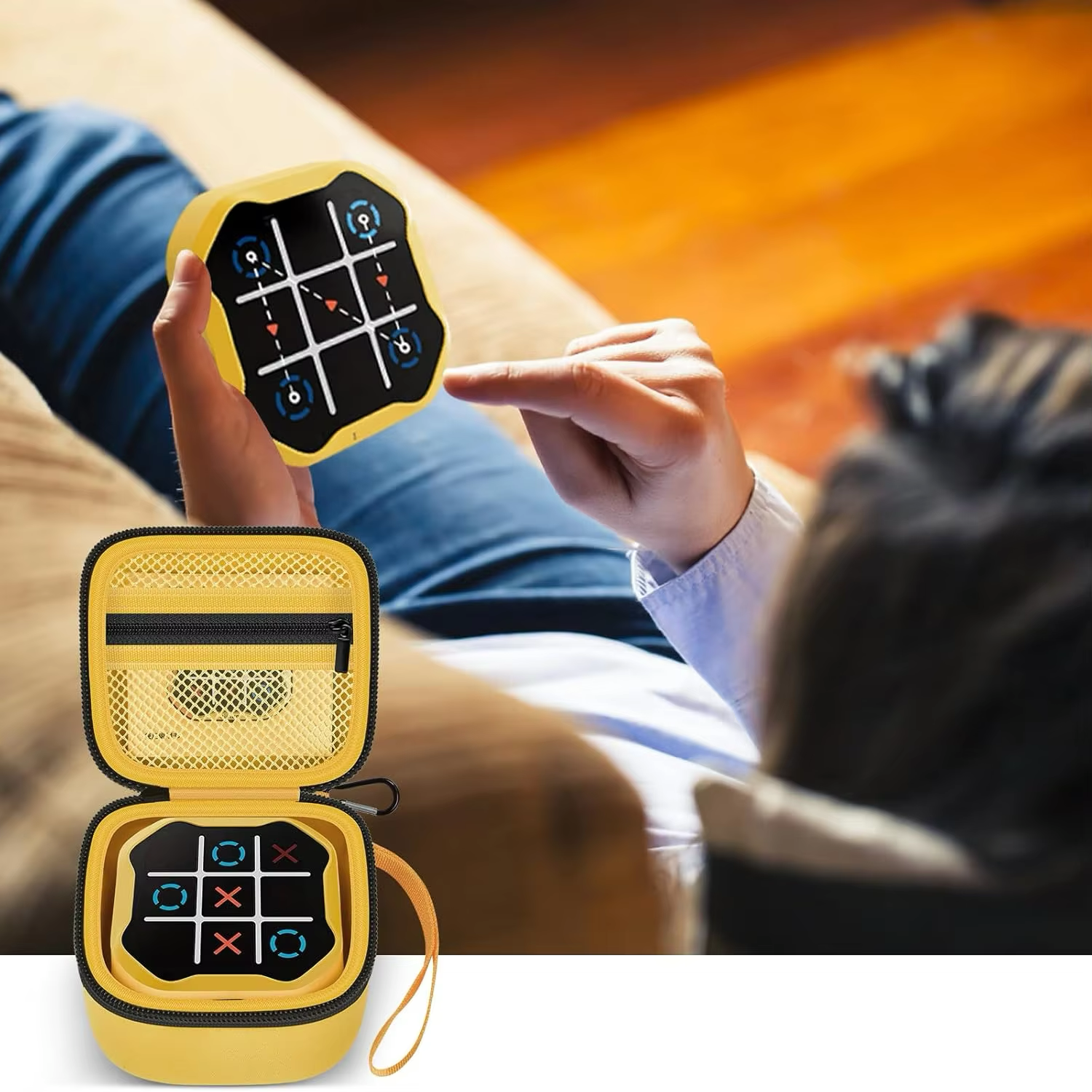 Protective yellow carrying case for MyTacToe, offering shock resistance and a secure fit, perfect for keeping the game safe on family trips or outdoor adventures.