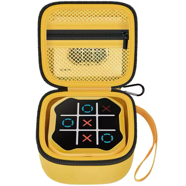 Impact-resistant yellow case for MyTacToe game, providing reliable protection and convenient portability for outdoor play and family adventures.