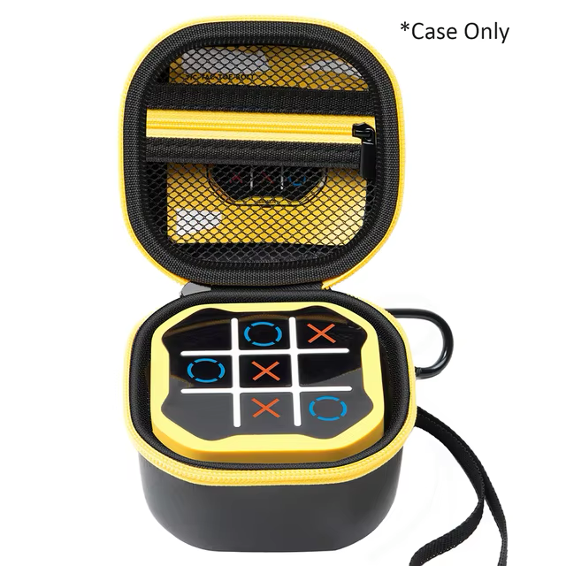 Lightweight, shockproof MyTacToe carrying case, featuring a bright yellow exterior, designed to ensure the game’s safety during transport and everyday use.