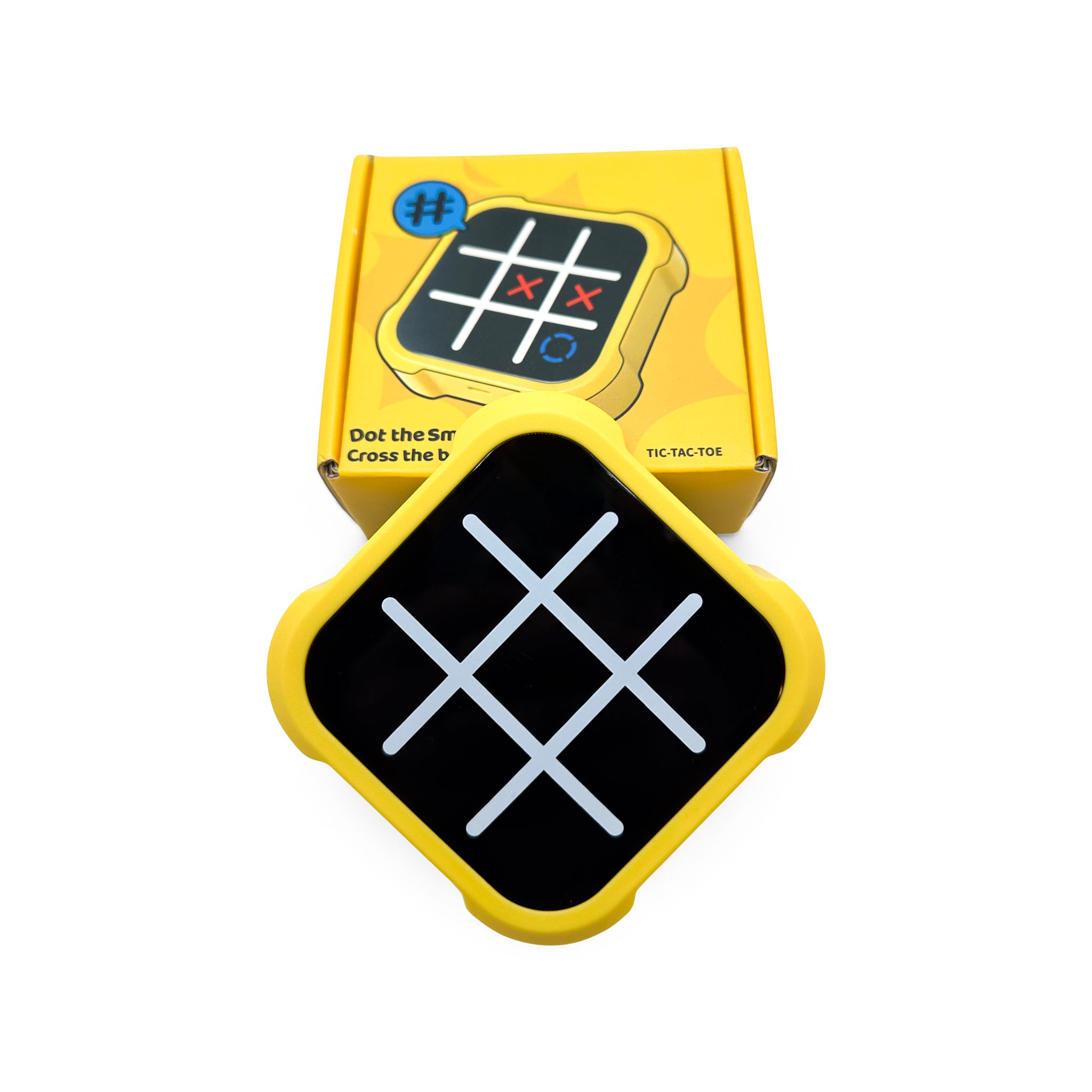 Versatile MyTacToe 3-in-1 game set with a bright yellow case, offering memory and strategy game variations for cognitive skill development and easy portability.